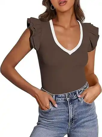 Walmart PRETTYGARDEN Womens V Neck Summer Tops Ruffle Sleeveless Slim Fit T Shirts Going Out Casual Blouses offer
