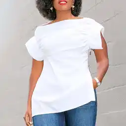 Walmart HongQid Women's Plus Size T Shirts Boat Neck Short Sleeve Zipper Split Side Tee Summer Tops offer