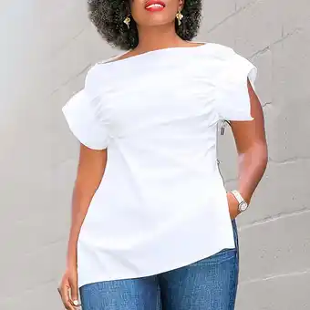 Walmart HongQid Women's Plus Size T Shirts Boat Neck Short Sleeve Zipper Split Side Tee Summer Tops offer