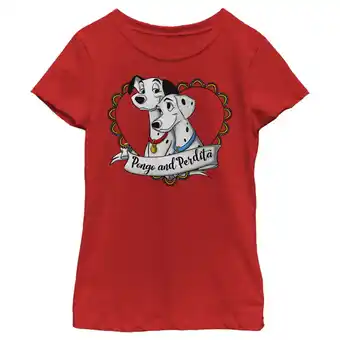 Walmart Girl's One Hundred and One Dalmatians Pongo and Perdita Heart Love Graphic Tee Red Small offer