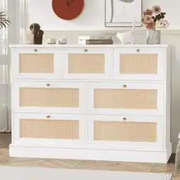 Walmart Homfa Rattan Dresser, White 7 Drawer Combo Double Dresser, Modern Wicker Chest for Bedroom offer