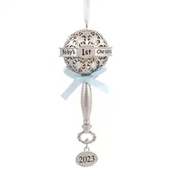 Walmart Hallmark Baby's First Christmas Silver Rattle with Blue Ribbon 2023 Christmas Ornament, 0.13lbs offer
