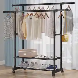 Walmart 3 Tiers Double Rails Hanging Garment Rack on Wheels with Bottom Shelves for Shoes, Black offer