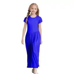 Walmart Teen Dresses Short Sleeve Solid Loose Casual Long Maxi with Pockets Girls Dress Blue 6-7 Years offer