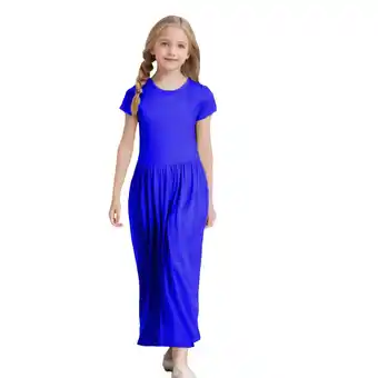 Walmart Teen Dresses Short Sleeve Solid Loose Casual Long Maxi with Pockets Girls Dress Blue 6-7 Years offer