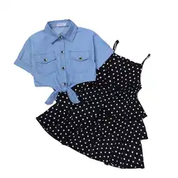 Walmart Girls Dresses Denim Jacket Polka Dot Layered Set Short Sleeve Toddler Dress Blue 7-8 Years offer
