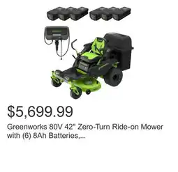 Costco Greenworks 80V 42 Zero-Turn Ride-on Mower with (6) 8Ah Batteries, 1.5kW Charger, and Bagger offer