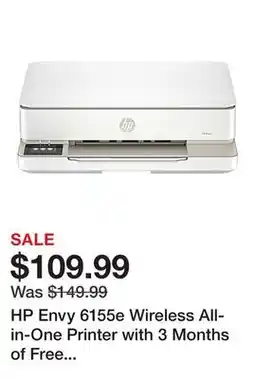 Office Depot HP Envy 6155e Wireless All-in-One Printer with 3 Months of Free Instant Ink with HP+ (714L5A) offer