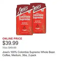 Costco Jose's 100% Colombia Supremo Whole Bean Coffee, Medium, 3lbs, 2-pack offer