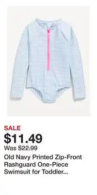 Old Navy Old Navy Printed Zip-Front Rashguard One-Piece Swimsuit for Toddler Girls offer