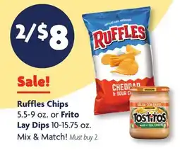 Family Dollar Ruffles Chips 5.5-9 oz. or Frito Lay Dips 10-15.75 oz offer