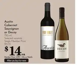 Pavilions Austin Cabernet Sauvignon or Decoy offer
