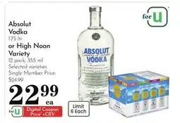 Pavilions Absolut Vodka 1.75 ltr. or High Noon Variety 12 pack, 355 ml offer