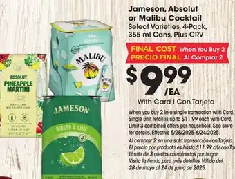 Ralphs Jameson, Absolut or Malibu Cocktail offer