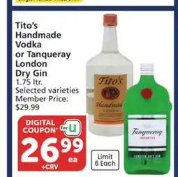 Vons Tito's Handmade Vodka or Tanqueray London Dry Gin offer