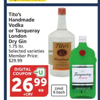 Vons Tito's Handmade Vodka or Tanqueray London Dry Gin offer