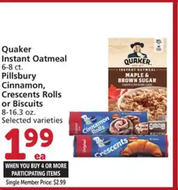 Vons Quaker Instant Oatmeal 6-8 ct. Pillsbury Cinnamon, Crescents Rolls or Biscuits 8-16.3 oz offer