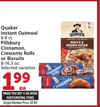 Vons Quaker Instant Oatmeal 6-8 ct. Pillsbury Cinnamon, Crescents Rolls or Biscuits 8-16.3 oz offer