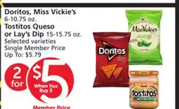 Vons Doritos, Miss Vickie's 6-10.75 oz. Tostitos Queso or Lay's Dip 15-15.75 oz offer