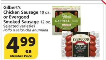Vons Gilbert's Chicken Sausage 10 oz. or Evergood Smoked Sausage 12 oz offer