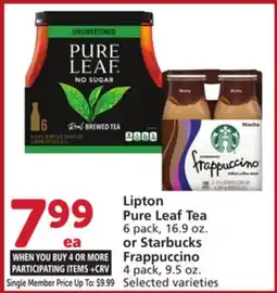 Albertsons Lipton Pure Leaf Tea 6 pack, 16.9 oz. or Starbucks Frappuccino 4 pack, 9.5 oz offer