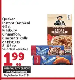 Albertsons Quaker Instant Oatmeal 6-8 ct., Pillsbury Cinnamon, Crescents Rolls or Biscuits 8-16.3 oz offer