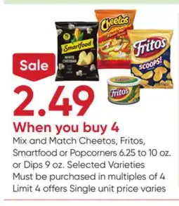 Stater Bros Cheetos, Fritos, Smartfood or Popcorners 6.25 to 10 oz. or Dips 9 oz offer