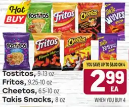 Tony’s Fresh Market Tostitos, 9-13 oz, Fritos, 9.25-10 oz, Cheetos, 6.5-10 oz, Takis Snacks, 8 oz offer