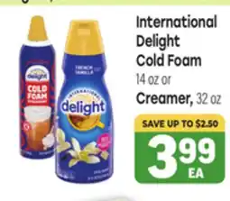 Tony’s Fresh Market International Delight Cold Foam 14 oz or Creamer, 32 oz offer