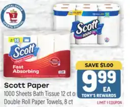 Tony’s Fresh Market Scott Paper 1000 Sheets Bath Tissue 12 ct or Double Roll Paper Towels, 8 ct offer