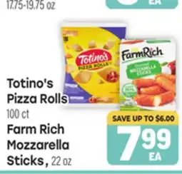 Tony’s Fresh Market Totino's Pizza Rolls 100 ct Farm Rich Mozzarella Sticks, 22 oz offer