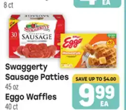 Tony’s Fresh Market Swaggerty Sausage Patties 45 oz Eggo Waffles 40 ct offer