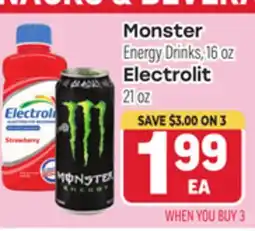 Tony’s Fresh Market Monster Energy Drinks, 16 oz, Electrolit 21 oz offer
