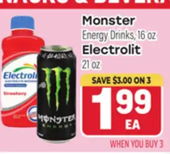 Tony’s Fresh Market Monster Energy Drinks, 16 oz, Electrolit 21 oz offer