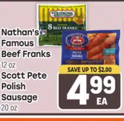 Tony’s Fresh Market Nathan's Famous Beef Franks, 12 oz, Scott Pete Polish Sausage, 20 oz offer