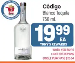 Tony’s Fresh Market Código Blanco Tequila offer