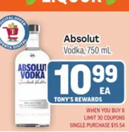 Tony’s Fresh Market Absolut Vodka offer