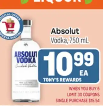 Tony’s Fresh Market Absolut Vodka offer