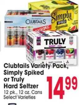 Jewel-Osco Clubtails Variety Pack, Simply Spiked or Truly Hard Seltzer offer