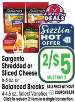 Jewel-Osco Sargento Shredded or Sliced Cheese 6-8 oz. or Balanced Breaks 4-4.5 oz offer
