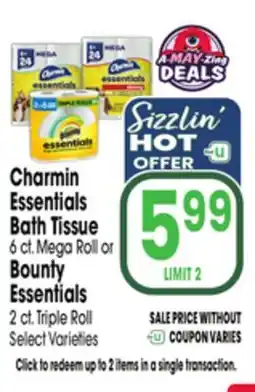 Jewel-Osco Charmin Essentials Bath Tissue 6 ct. Mega Roll or Bounty Essentials 2 ct. Triple Roll offer