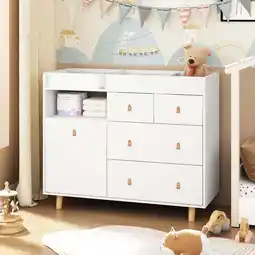 Walmart OXYLIFE 45 Baby Nursery Changing Table Dresser with 4 Drawers and Shelf for Nursery Room, White offer