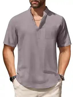 Walmart HAOMEILI Men's Cotton Linen Henley Shirt Short Sleeve Hippie Casual Beach T-Shirts with Pocket offer