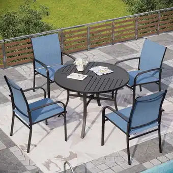 Walmart Sophia & William 5 Piece Patio Metal Dining Set Round Table and 4 Textilene Chairs-Blue offer