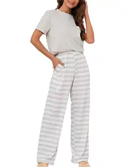Walmart Loritta Lounge Set Womens 2 Piece Outfits Short Sleeve Round Neck Pjs Sleepwear Striped Pants S-2XL offer
