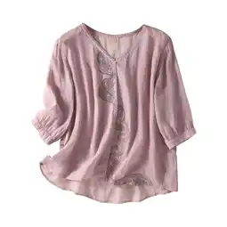 Walmart Endives Women's Cotton Linen Embroidered Shirt Tops Boho 3/4 Sleeeve Tunic Top Elegant Blouse offer