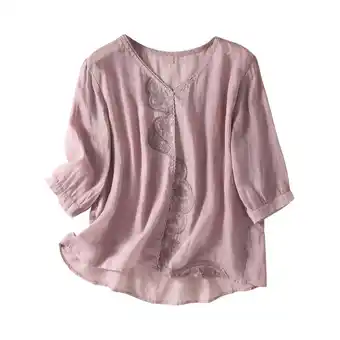 Walmart Endives Women's Cotton Linen Embroidered Shirt Tops Boho 3/4 Sleeeve Tunic Top Elegant Blouse offer