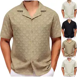 Walmart Fanxing Mens Button Up Shirts Short Sleeve Khaki Casual Summer Button Down Shirt Wedding Shirts 3XL offer