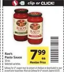 Safeway Rao's Pasta Sauce offer