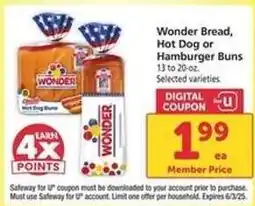 Safeway Wonder Bread, Hot Dog or Hamburger Buns offer